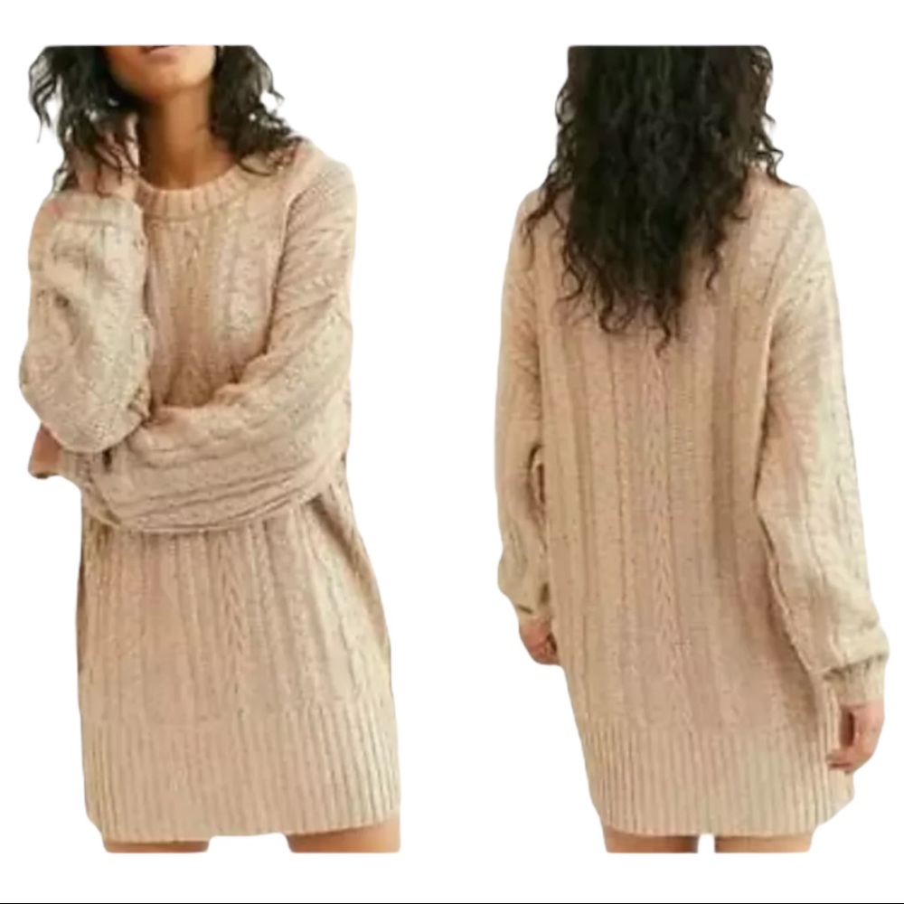 Free People Good As Gold Metallic Matte Cable Knit Oversized Sweater Dress XS
